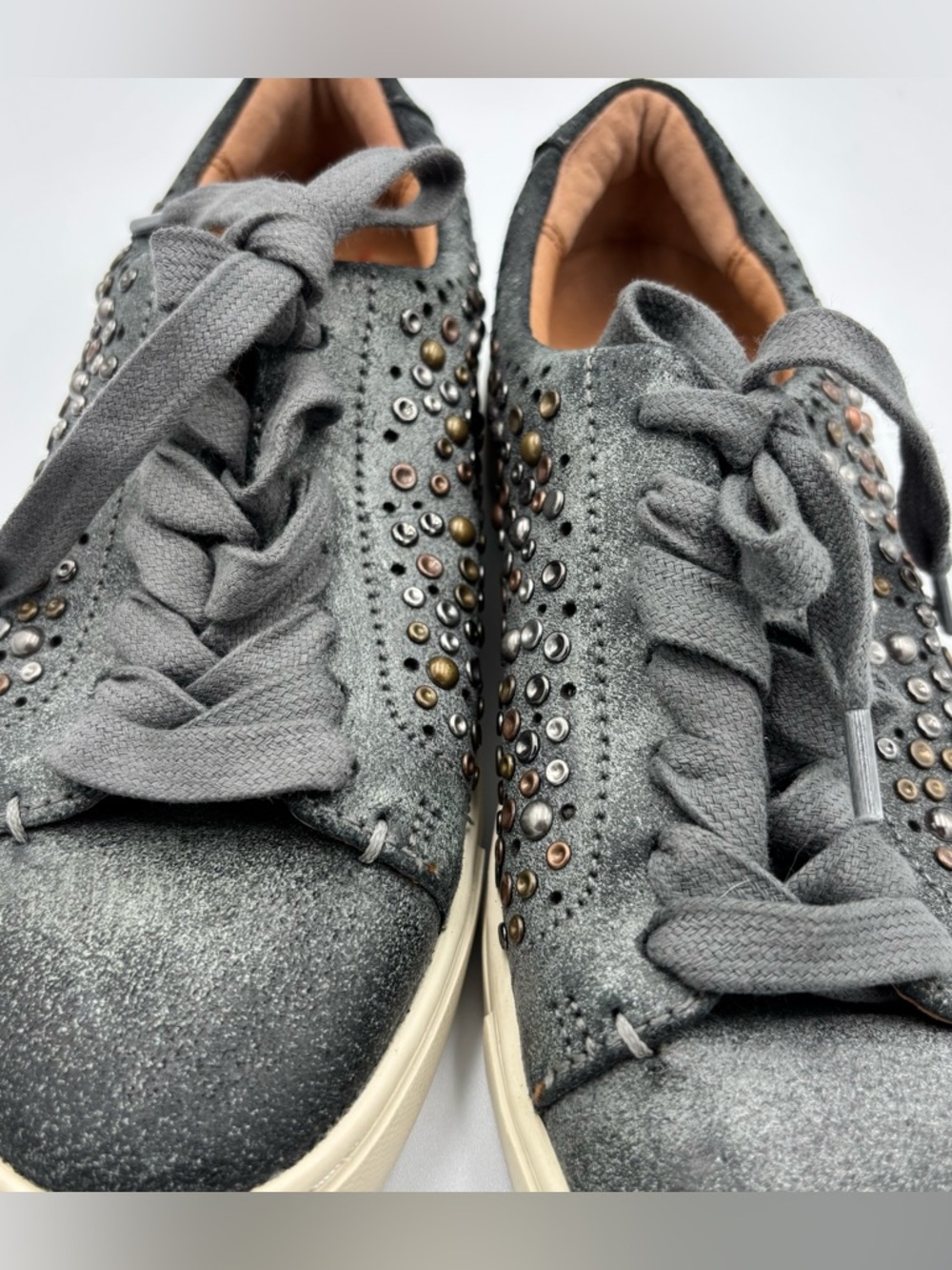 Frye Ivy Deco Stud Low Lace Leather Sneakers - Black/Grey Suede Sz 6.5